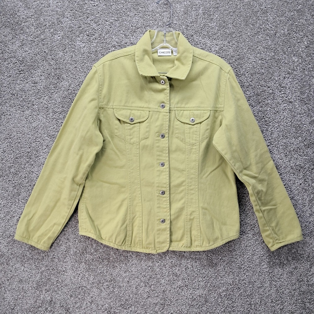 Chicos Womens Chartreuse Green Cotton Button Front Denim Style Jacket Size 1